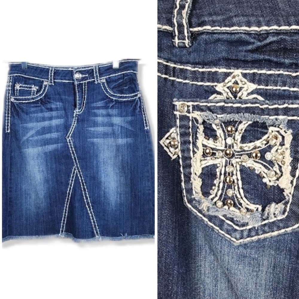Y2K Blue Denim Embellished Cross Pocket Cotton Mini Skirt M